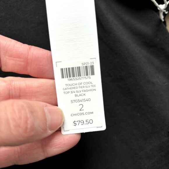 Chicos Peasant Shirt Women's 2 / L Black Gathered Tier 3/4 Sleeve Dark Romantic - Picture 4 of 7